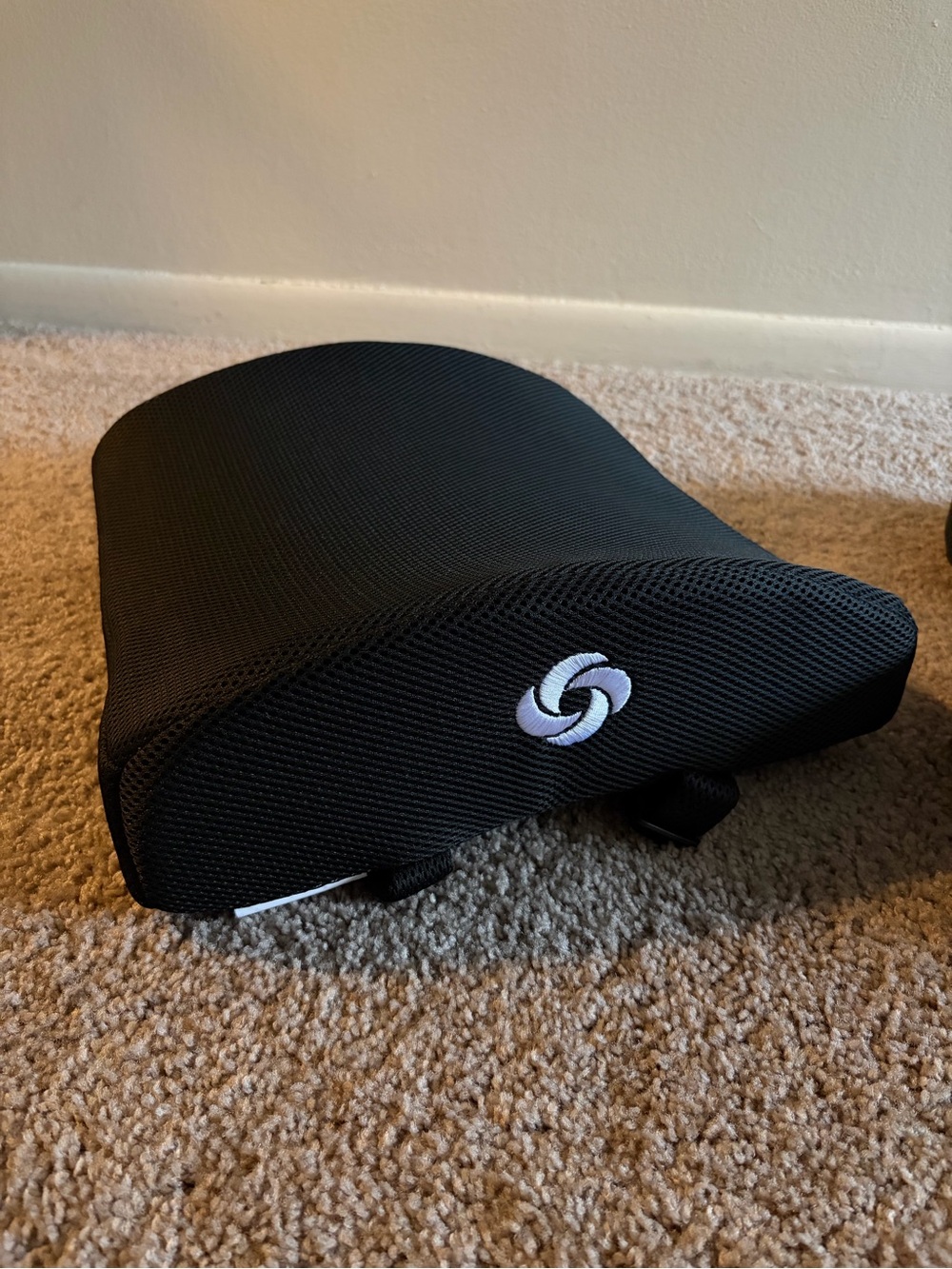 Ergonomic Lumbar Support Pillow in Black with White Logo